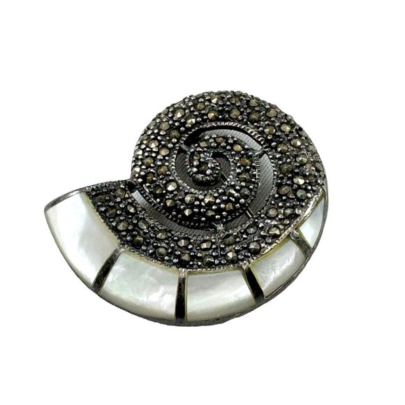 Nautilus Shell Figural Pin Brooch Mother of Pearl Marcasite 925 Sterling Silver - Picture 1 of 4
